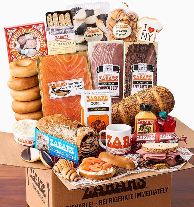 A beautifully packaged Zabar's gift box with assorted deli and bakery favorites